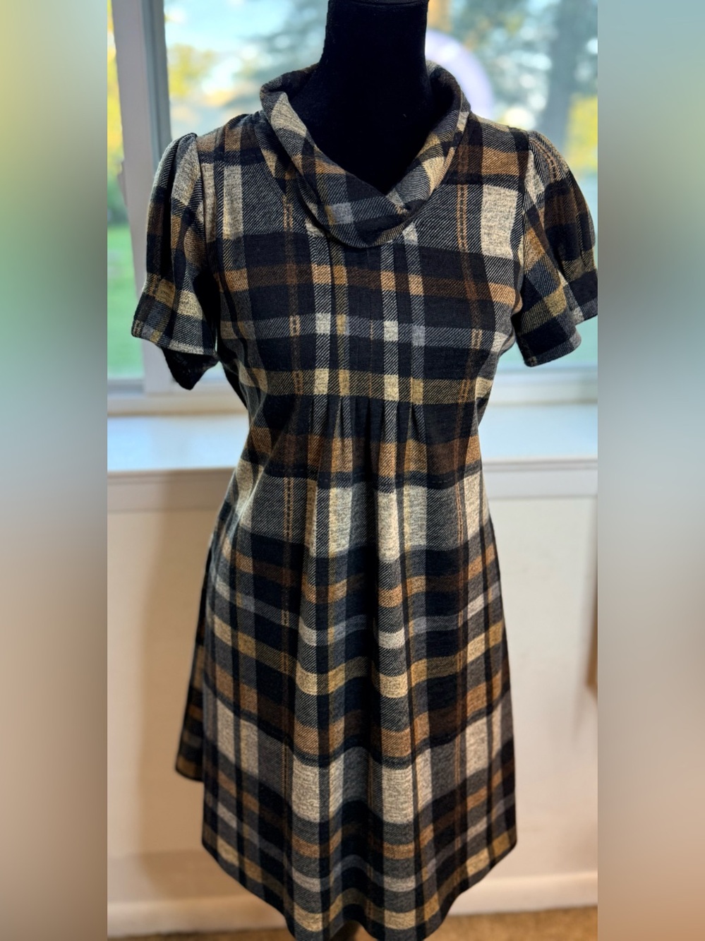 Jessica Howard Brown Black plaid preppy cute comfy dress turtleneck academia 4P